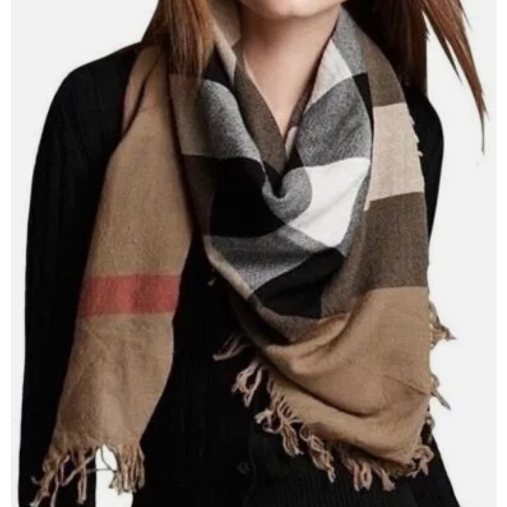Authentic Burberry Check Wool Deluxe Square Scarf Women's Brown
